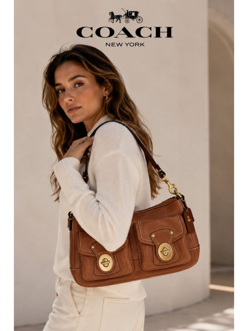Coach F12868 65th Anniversary Double Turnlock Whiskey Leather Shoulder Bag